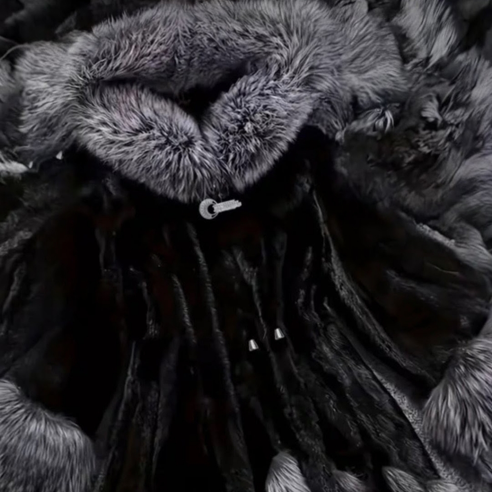 Black Faux Fur Coat with Gray Trim